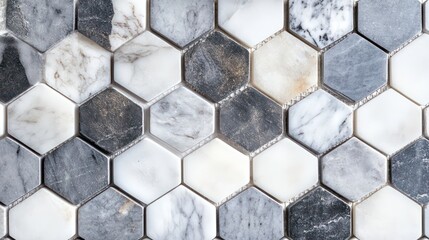 Stunning Geometric Hexagonal Tile Patterns: White and Grey Marble-Like Textures Perfect for Upscale Bathroom Interiors
