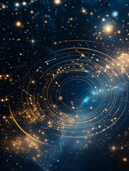 Obraz premium Cosmic Symphony: A mesmerizing cosmic tapestry of shimmering stars and swirling constellations, with a golden halo of celestial rings, evokes a sense of cosmic wonder and infinite possibility. 