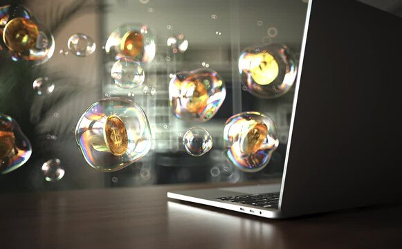 4k Video Soap Bubble Bitcoin Coins Notebook Office. ProRes 4444.