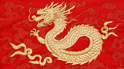 Obraz premium Striking Golden Dragon Embroidery on Red Fabric Background