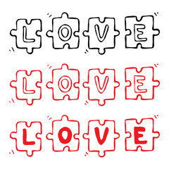 Puzzle pieces with the word Love. Doodle hand-drawn elements, red and black contour variations, isolated on a white background. Prints, digital design, cards, Valentines, weddings, anniversaries © ArtbyLegalMind