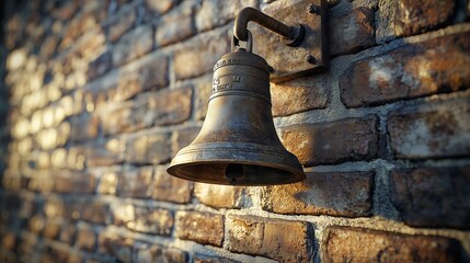 Obraz premium Antique Brass Bell Hangs on Weathered Brick Wall in Unique Setting