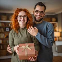 Portrait of happy couple stand and hold gift in the living room
