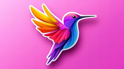 Obraz premium Vibrant rainbow hummingbird in flight against a pink backdrop. A colorful and playful design.