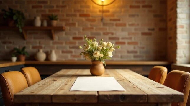 Rustic wooden table setting with flowers and empty placemat, perfect for a cozy dinner party or intimate gathering.