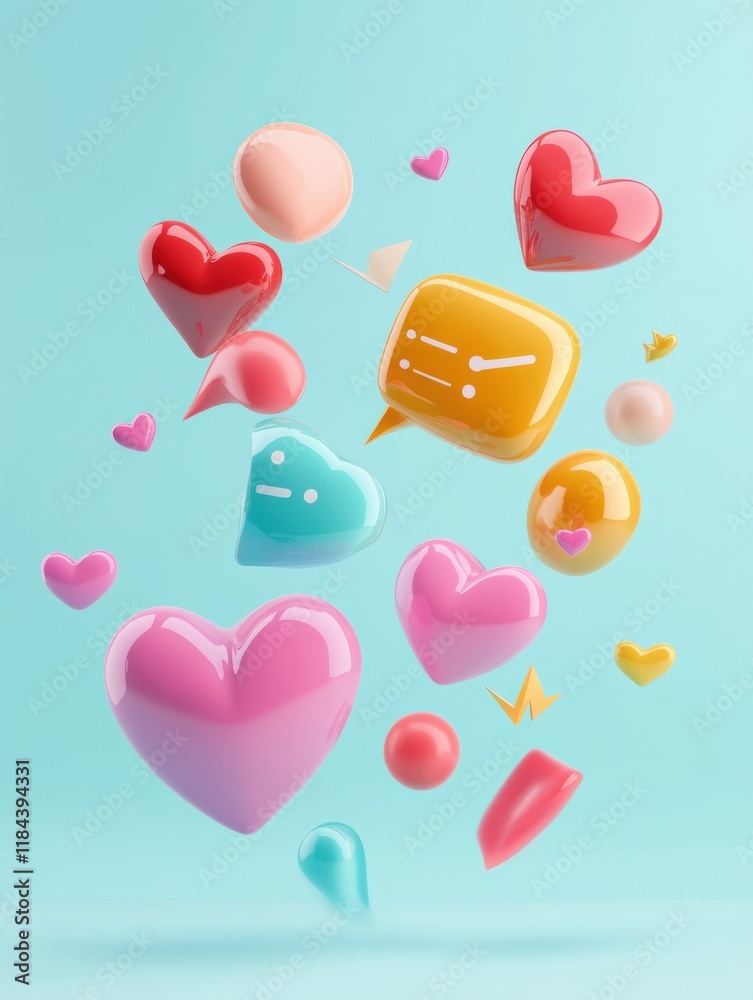 Leinwandbilder floating 3d chat bubbles and hearts create a vibrant atmosphere against a soft blue backdrop. genera
