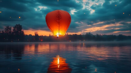 Dozens of glowing sky lanterns illuminate the night sky above a still lake, creating a magical and ethereal scene