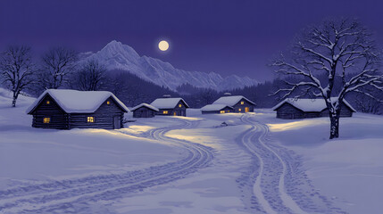 Fototapeta premium Winter Village Illustration: Snowy Cabins Moonlight