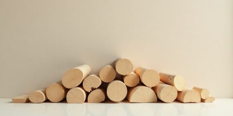 Minimalist arrangement of pale wooden cylinders against a neutral backdrop