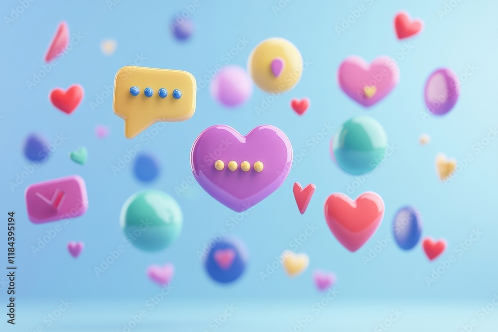 Aufkleber floating 3d chat bubbles, hearts, and arrows create a colorful digital atmosphere for online convers