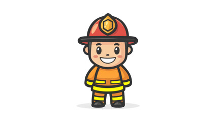 Fototapeta premium Cute Cartoon Firefighter Character with Bright Red Hat and Orange Uniform, Standing Cheerfully in a Playful and Engaging Style for Children's Educational Material