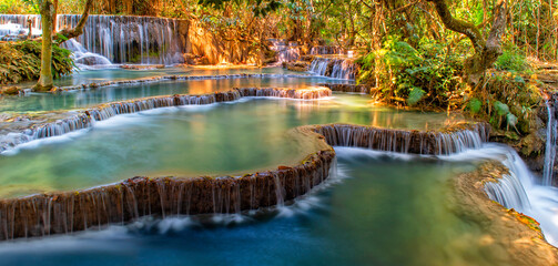 Kuang Si Waterfalls. Luang Prabang, Laos. Travel and tourism in Asia	