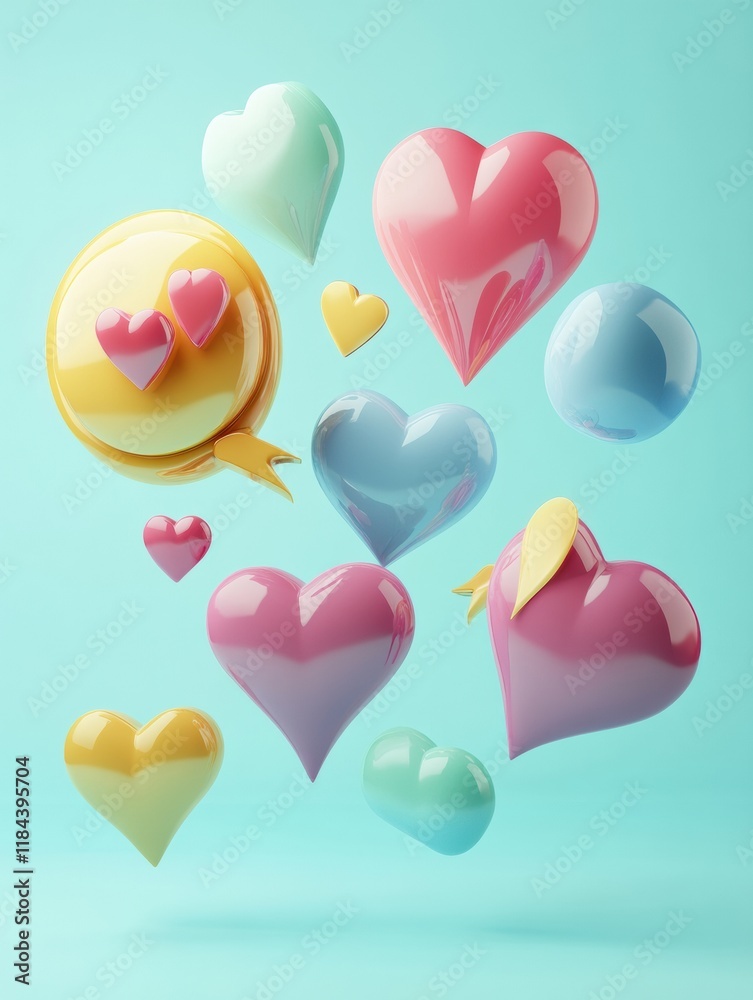 Leinwandbilder floating 3d chat bubbles and hearts create a playful atmosphere in a vibrant setting with pastel col