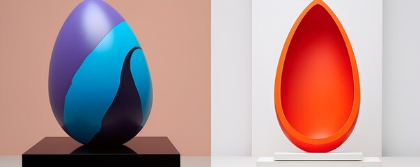Minimalist Easter egg design with bold colors placed in a modern art gallery