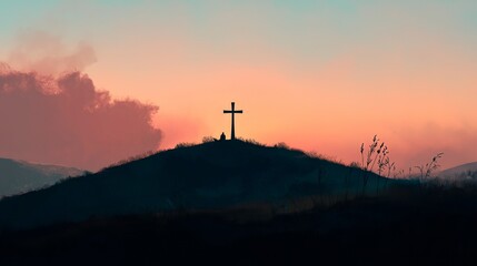 cross on a hill at sunset