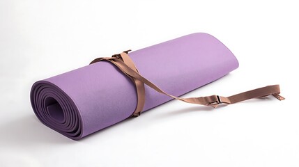 A purple yoga mat is tied to a strap