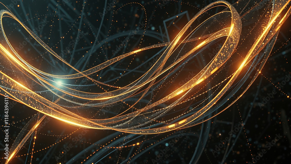 Poster Futuristic glowing fractal design with bright lines and waves in blue and black, creating a dynamic abstract pattern and energy-filled texture