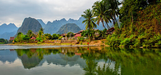 Vang Vieng, Laos. Landscape of Nam Song River at Vang Vieng. Travel and tourism in Asia
