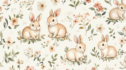Baby Bunnies and Flowers Watercolor Pattern