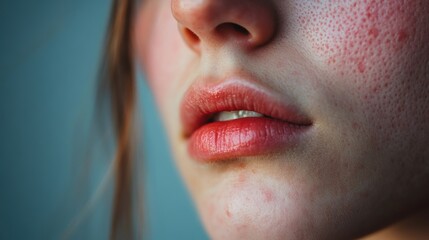 Fototapeta premium acne on woman face with rash skin, scar, and red skin syndrome allergic to cosmetics, use steroids, dermatology, inflammation, infection, hygiene