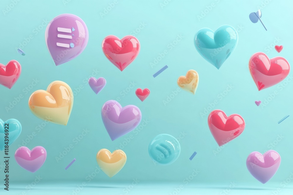Poster floating 3d chat bubbles, hearts, and arrows create a lively conversation atmosphere in vibrant colo