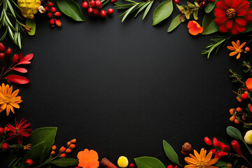 A vibrant arrangement of autumn flowers and leaves framing a dark background, creating an inviting and seasonal decorative border.