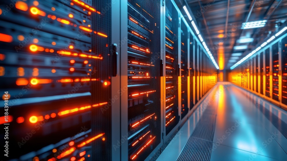Poster futuristic glowing server rack in modern data center with illuminated network infrastructure technol