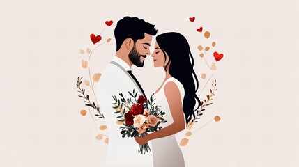 A romantic illustration of a Middle Eastern couple embracing, surrounded by hearts and floral elements.