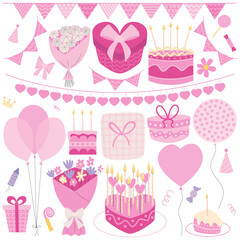 Pink Happy Birthday set. Birthday elements gifts, bouquets, cakes, balloons and garlands