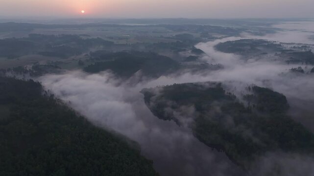 Aerial view of Zvikov Castle and the Moldau river at sunrise with fog and mist, Zvikovske Podhradi, Czech Republic.