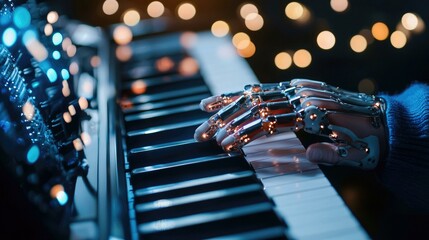 A bionic prosthetic hand gracefully plays a synthesizer keyboard, showcasing the harmonious blend of technology and music against a backdrop of soft, colorful lights.