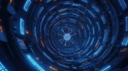 Quantum and supercomputing research concept. A futuristic supercomputer chamber illuminated by blue neon lights, showcasing cutting-edge technology and a modern aesthetic.