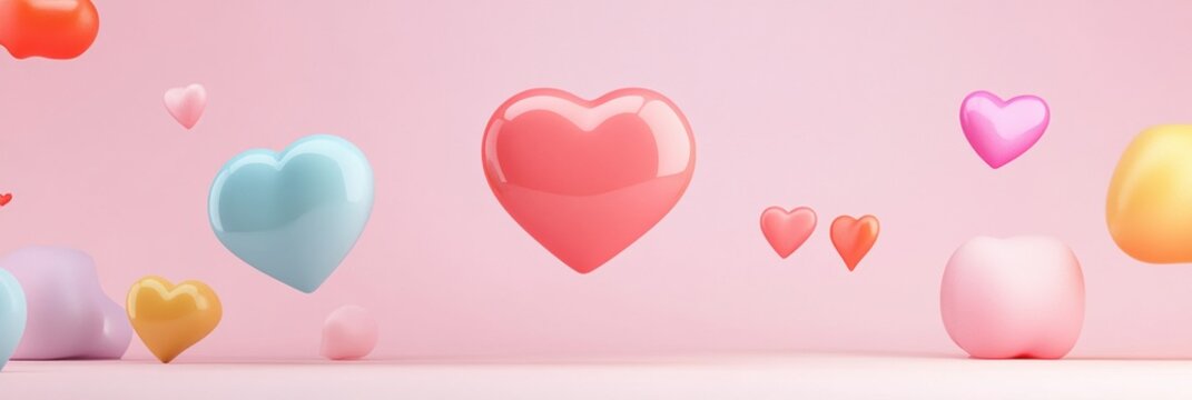 Colorful floating 3D chat bubbles and hearts create a whimsical atmosphere in a playful digital environment. Generative AI - Powered by Adobe