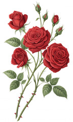A bouquet of vibrant red roses with lush green leaves and several unopened buds.
