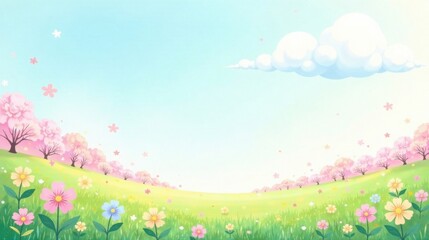 Serene Spring Meadow Landscape Blooming Flowers and Cherry Blossom Trees Under a Soft Sky