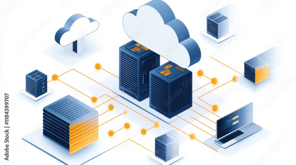 Poster seamless digital data ecosystem advanced cloud computing and server network infrastructure concept