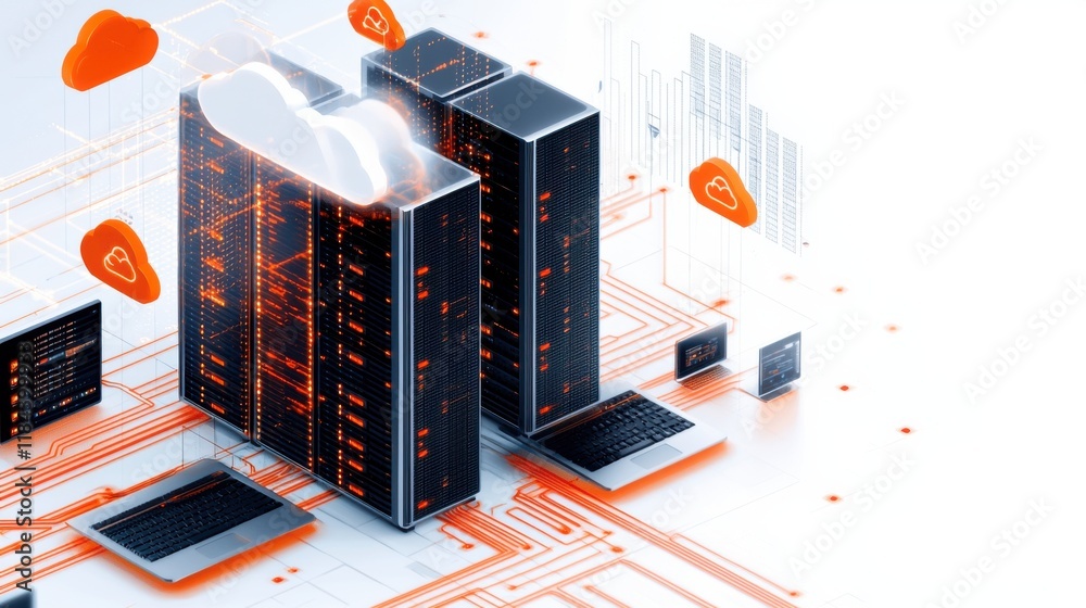 Poster futuristic data center with interconnected server racks and advanced digital infrastructure