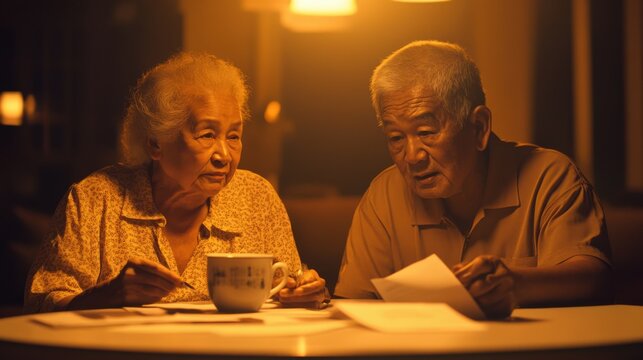 Elderly Couple Enjoying Tea While Reviewing Documents