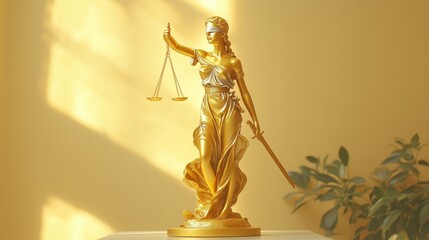 Fototapeta premium Golden Lady Justice Statue with Scales and Sword in Soft Light