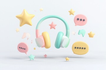 Colorful Headset Surrounded by Chat Icons and Stars
