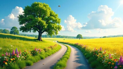 Serene Winding Road Through a Sunny Meadow Landscape with Lush Greenery and Vibrant Wildflowers