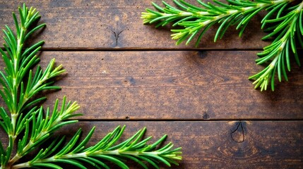Naklejka premium Rustic Wooden Background Decorated with Fresh Green Sprigs for a Natural and Organic Design