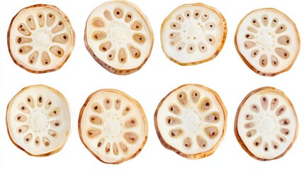 Grid pattern of lotus root slices, Chinese vegetable ingredient, realistic style, top view, isolated on white background