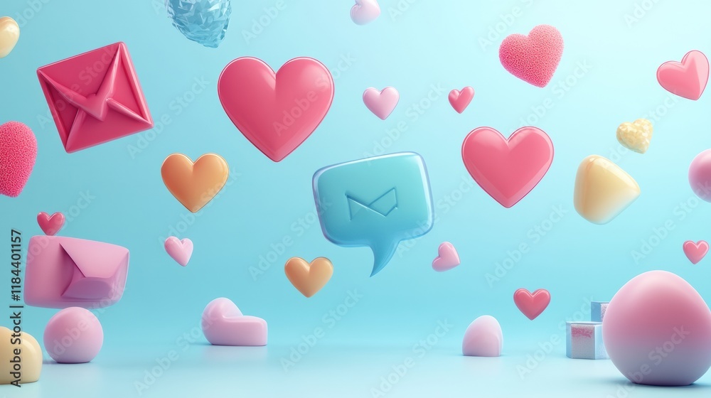 Leinwandbilder floating 3d chat bubbles, colorful hearts, and whimsical arrows create a playful atmosphere in a dig