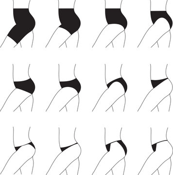 Set of women panties, underwear types string, thong, tanga, bikini. Cheeky, hipster, classic brief, slip, retro high waist or slimming underclothing collection.