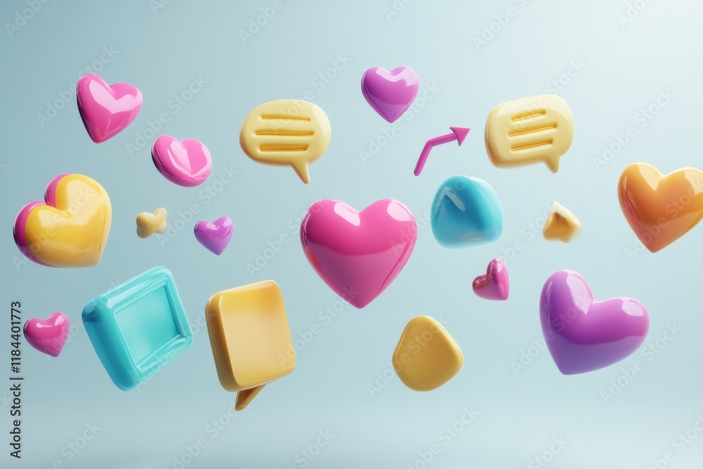 Aufkleber floating 3d chat bubbles, hearts, and arrows in vibrant colors create a fun digital atmosphere. gene