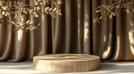 Elegant Wooden Display Platform with Golden Leaves and Draped Fabric.
