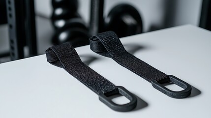 Two black straps are on a white table