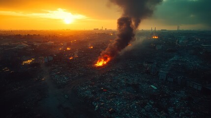 Obraz premium Aerial view of large fire and smoke at sunset over industrial area.