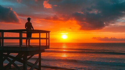 Obraz premium Standing confidently on the beach tower, the lifeguard admires a stunning sunset that paints the sky with vibrant orange and purple hues
